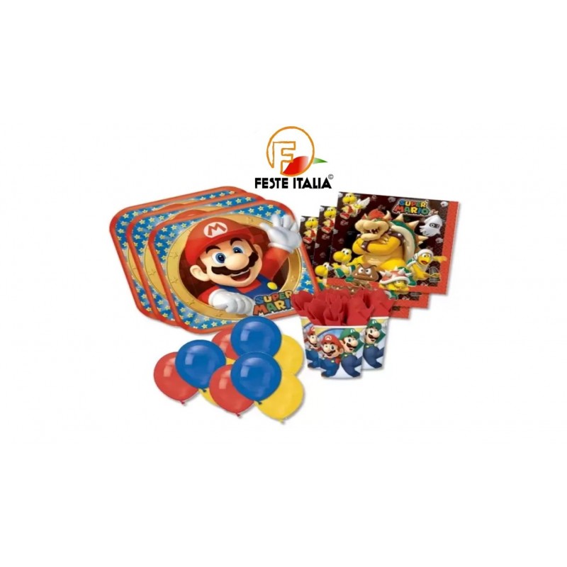 piatti bicchieri tovaglia tovaglioli palloncini a tema Super Mario